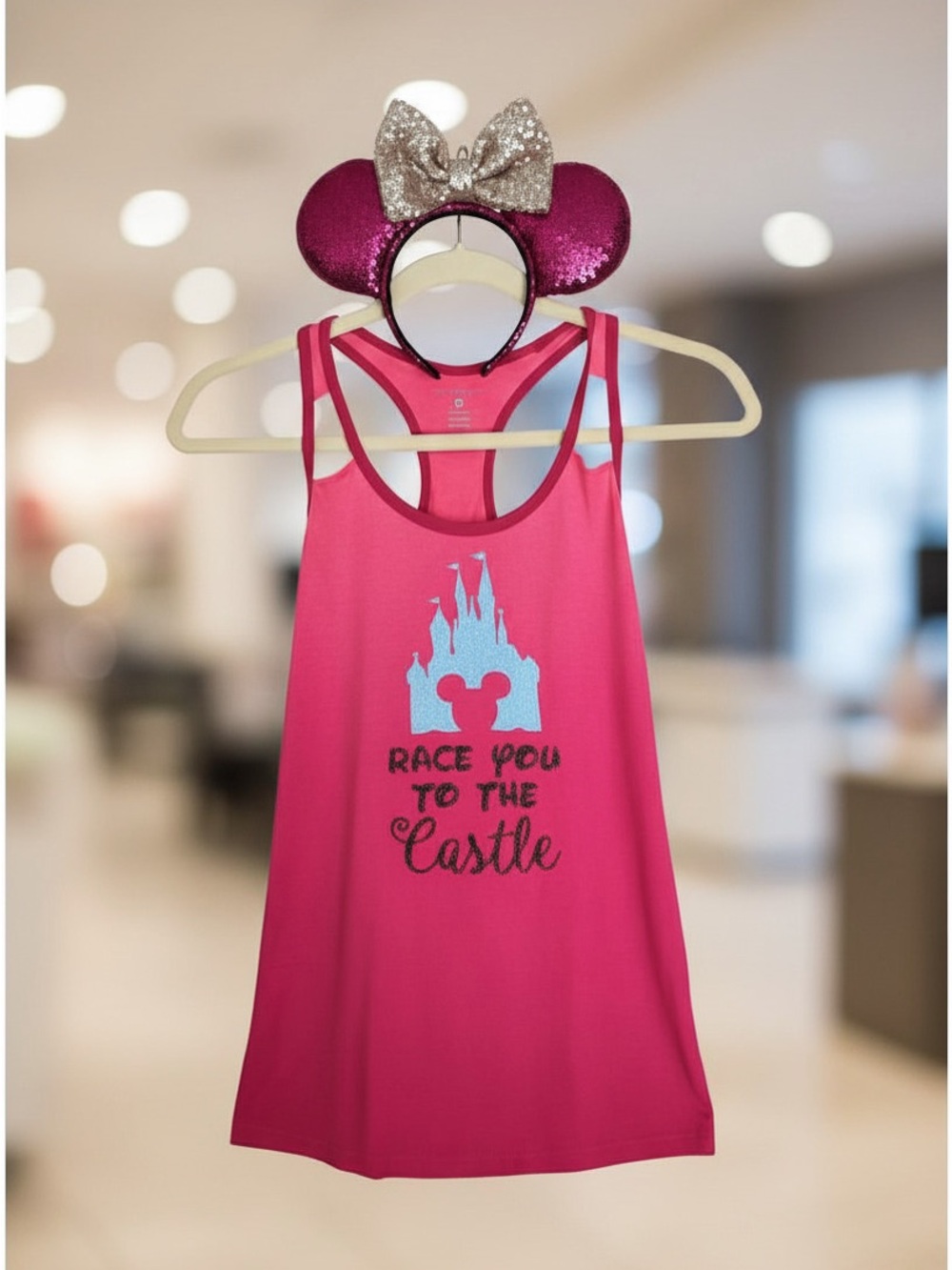 Layer 8 Hot Pink Athletic Racerback Tank with sequin Princess Minnie Mouse Ears